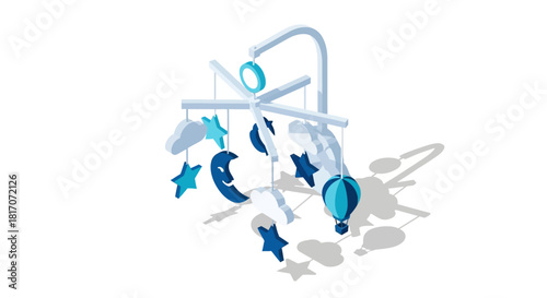 Isometric baby mobile with stars and moon in blue tones