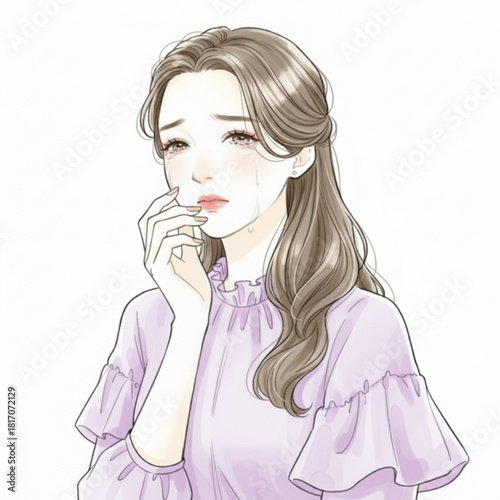 Sad young woman crying with tears on her face isolated on white background