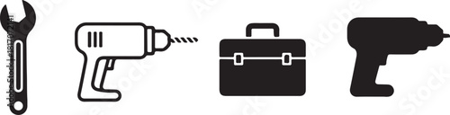 Set of four black and white icons representing tools and a toolbox on a white background