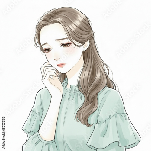 Sad young woman with brown hair touching her face isolated on white background