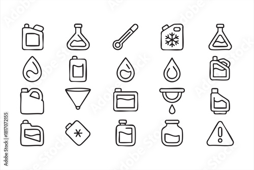 Engine fluid, oil, and lab beaker icons for mechanical service materials