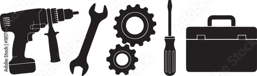 Silhouette icons of a drill two gears a wrench a screwdriver and a toolbox on a white background