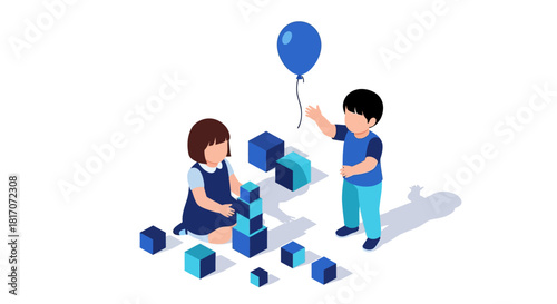 Children playing with blocks and balloon in isometric design