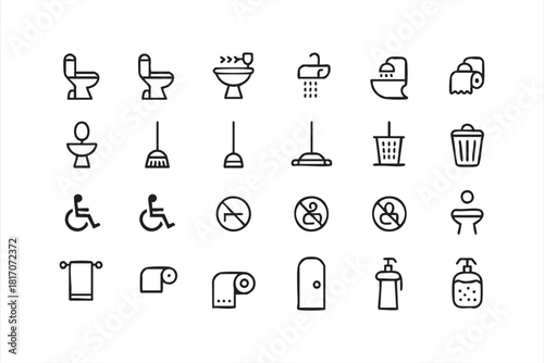 Restroom and hygiene vector icons with toilets, sinks, and cleaning tools