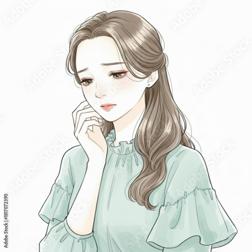 Sad young woman with hand on chin isolated on white background