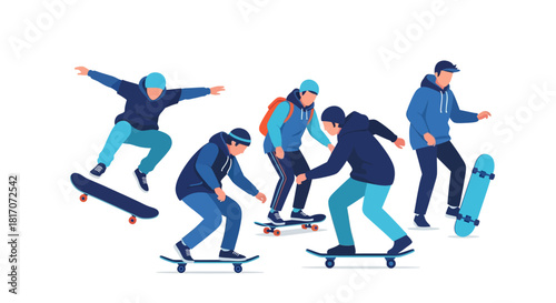 Youthful energy: dynamic skateboarders performing tricks in a flat style illustration