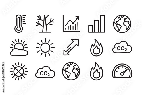 Environmental impact and CO2 emission outline symbols in line art