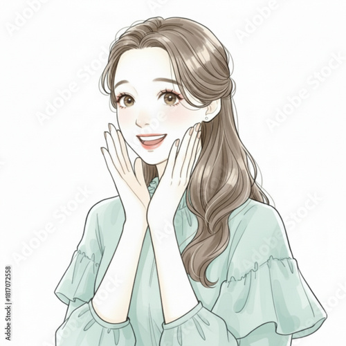 Beautiful smiling woman with hands on cheeks isolated on white background