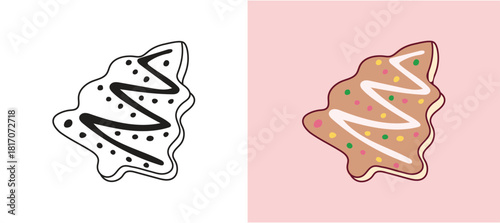 Split illustration featuring a black and white outline and a colored version of a delicious, decorated cookie shaped like a winter tree. The design includes icing and colorful sprinkles.