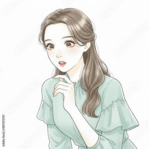 Anime style woman with surprised expression isolated on white background