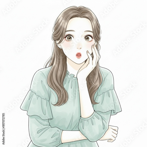 Surprised young woman with open mouth and hand on cheek isolated on white background