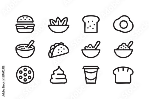 Snack bowl, burger, taco, and dessert icons for culinary design use