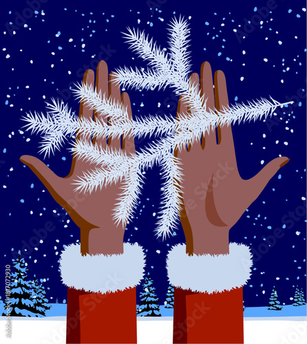 A Christmas and New Year's card wth hands holding a frost-covered fir branch against the backdrop of a blue winter forest at night. Minimalist vector illustration.
