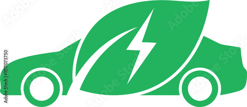 Green electric car icon with leaf and lightning bolt, symbolizing ecofriendly transportation