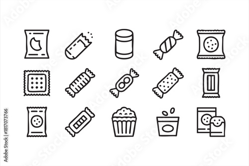 Minimal line art icons of candy bars, bags, and snack containers