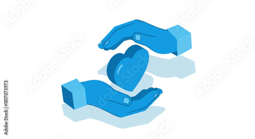 Blue isometric hands holding heart symbol of care and support