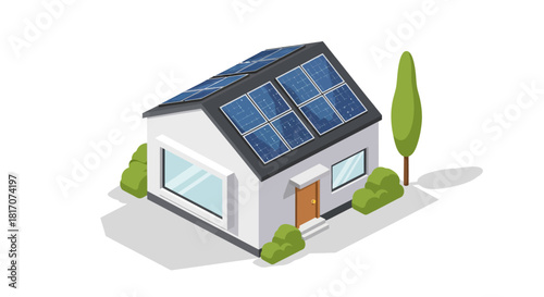 Sustainable home featuring solar panels in modern isometric design