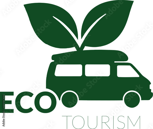 Eco tourism logo featuring a campervan with leaves on top, symbolizing sustainable travel
