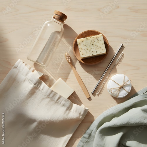 Eco-friendly zero-waste bathroom accessories on light wooden background