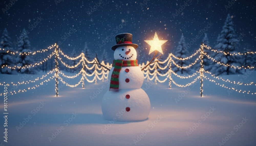 Obraz premium Title: magical christmas snowman holding a glowing star in a snowy field surrounded by golden holiday lights