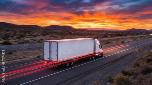 Semi Truck on Desert Highway at Sunset
