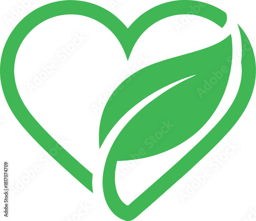 Green heart with leaf, symbolizing love for nature, ecofriendliness, and a healthy lifestyle with organic products