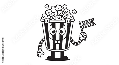 Playful illustrated popcorn bucket holding a movie ticket.