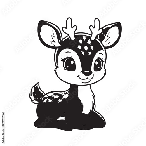 Adorable cartoon fawn illustration with big eyes in a woodland setting.