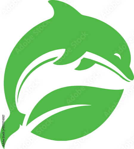 Green dolphin and leaf, symbolizing environmental protection, marine conservation, and sustainable ecosystems for a healthy planet