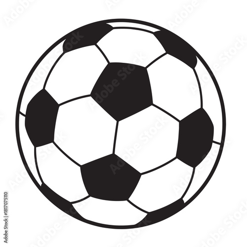 Classic black and white soccer ball resting on surface for sports photography description.