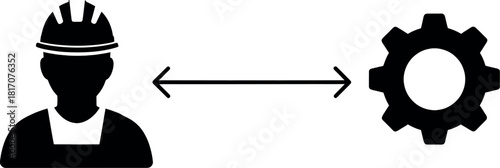 Worker and gear connected by arrows, symbolizing collaboration, engineering, or industrial processes and teamwork
