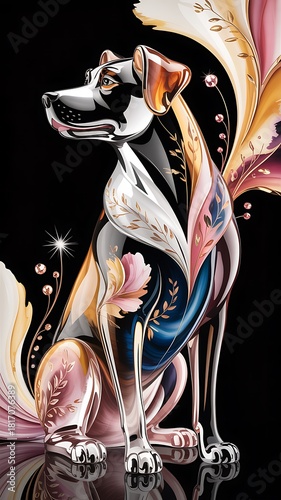 Elegant Chrome Dog Sculpture with Colorful Botanical Motifs