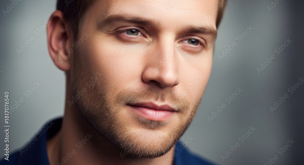 Obraz premium Close-up portrait of a confident young man with subtle smile and