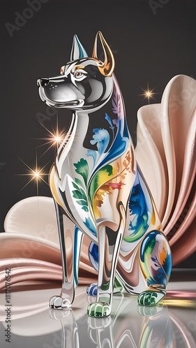 Elegant Chrome Dog Sculpture with Colorful Botanical Motifs