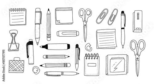 A delightful assortment of hand-drawn office and school stationery, showcasing essential writing tools and desk accessories in a clean, minimalist line art style.