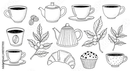 A stylish collection of outline illustrations depicting coffee and tea elements, cups, teapots, coffee beans, and delicious breakfast pastries.