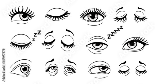 This engaging graphic collection features hand-drawn line art illustrations of human eyes, portraying states from wide awake and winking to deep slumber.