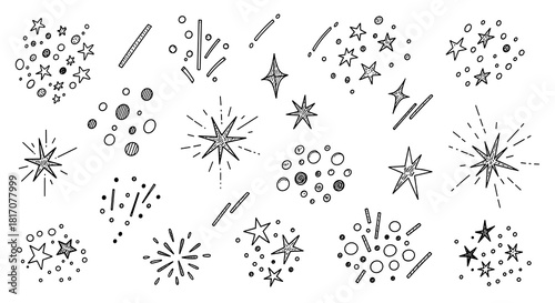 A charming collection of hand-drawn sparkling stars and festive bursts creates a whimsical, decorative element for any design project.