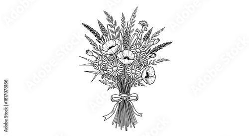 Detailed monochrome line art depicts a charming arrangement of wildflowers and foliage, gracefully bound together with a decorative bow.