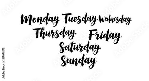 A stylish handwritten black script font displays all seven days of the week, perfect for planners, calendars, and digital design projects.