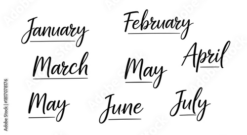 Elegant handwritten script typography displaying various months, perfect for calendar design, planners, or date-related graphic projects.