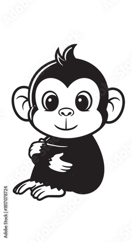 A charming cartoon monkey sitting with a curious smile in a playful illustration.