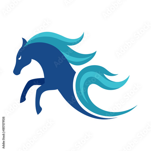 Dynamic blue horse silhouette with flowing mane and tail isolated on white background silhouette