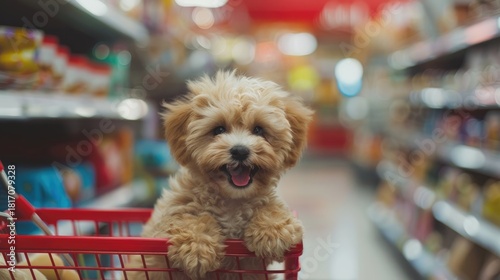 Cute doggie at the grocery store, shopping at the supermarket. A puppy sits in a shopping basket against the background of shelves with groceries. Concept for pets, sales, advertising.