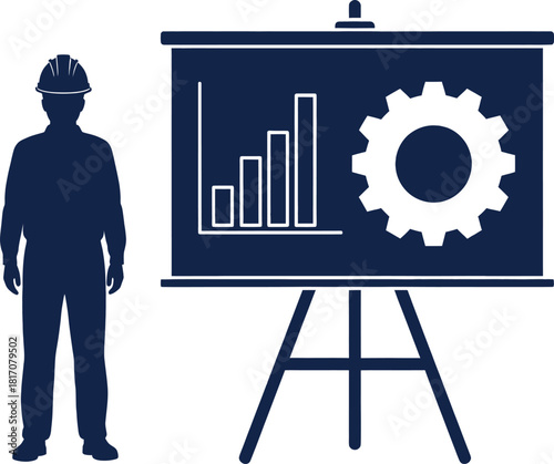 A construction worker standing next to a presentation board with a bar graph and a gear