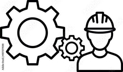 Illustration of a construction worker with gears, symbolizing industry, engineering, and mechanical processes in a clean design