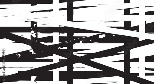 Monochrome abstract composition featuring intersecting black and white lines and geometric shapes.