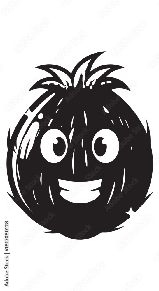 Fototapeta premium Smiling Cartoon Coconut Mascot with Spiky Hair and Big Eyes.