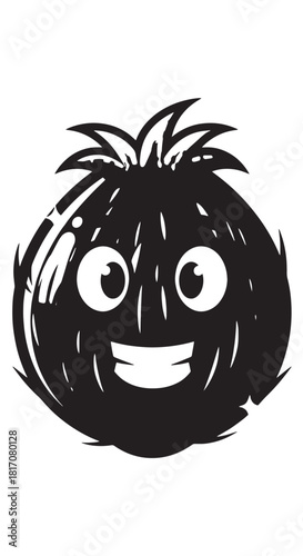 Smiling Cartoon Coconut Mascot with Spiky Hair and Big Eyes.