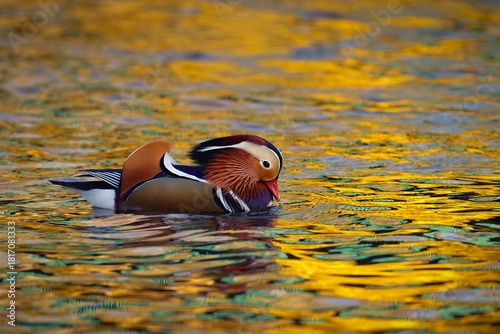 Beautiful mandarin ducks. Animals in the wild. Natural colorful background.